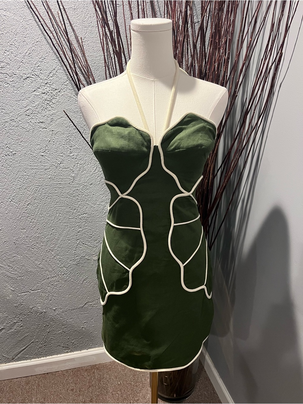 🌺FARM RIO GREEN WAVY HALTER NECK MINI DRESS LINEN BLEND SIZE XXS🌺 - Picture 2 of 9